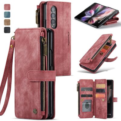 Vintage Card Wallet Phone Case For IPhone 14 Pro Max And Samsung Z Fold 5 In Red Leather