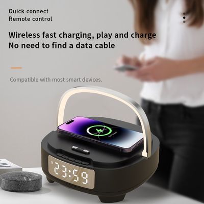 Wireless Fast Charger with Night Light Bluetooth Speaker and Alarm Clock 9V/2A Input