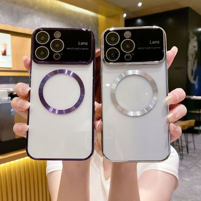 Fashionable Girls Large Window Electroplated Magnetic Phone Cover for iPhone 14/15 Pro Max