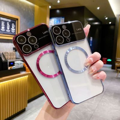 Fashionable Girls Large Window Electroplated Magnetic Phone Cover for iPhone 14/15 Pro Max