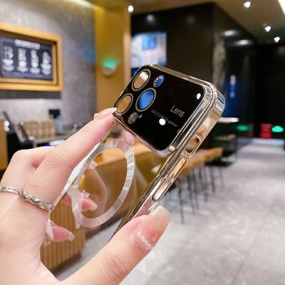 Fashionable Girls Large Window Electroplated Magnetic Phone Cover for iPhone 14/15 Pro Max