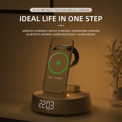 15W Fast Wireless Charger and Multi-Function Alarm Clock 6-in-1 for Mobile Phone