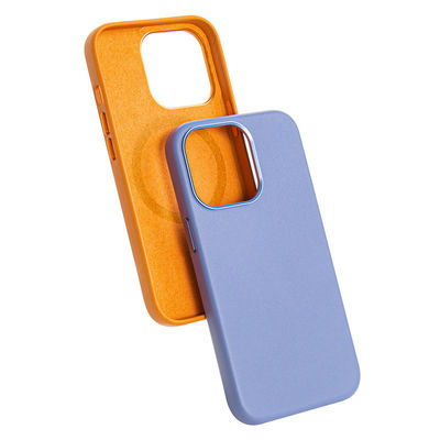 15 Pro Max Blue Real Leather Phone Case with Magnetic Metal Buttons and Card Flip Lanyard