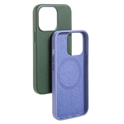 15 Pro Max Blue Real Leather Phone Case with Magnetic Metal Buttons and Card Flip Lanyard