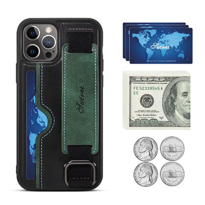 iPhone 14 Pro Max PU Leather Case with Wrist Strap Stand and Card Organizer in Red