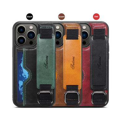 iPhone 14 Pro Max PU Leather Case with Wrist Strap Stand and Card Organizer in Red