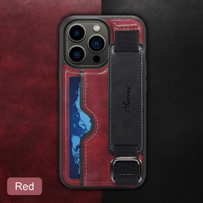 iPhone 14 Pro Max PU Leather Case with Wrist Strap Stand and Card Organizer in Red