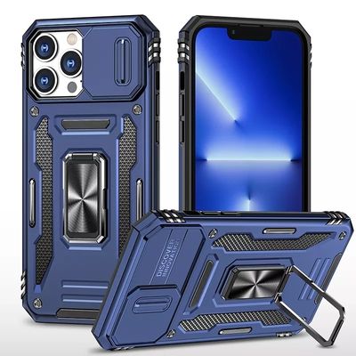 Kickstand Slide Camera Antishock Phone Back Cover With Ring Holder Lens Cover For Iphone 13 14 Pro Max
