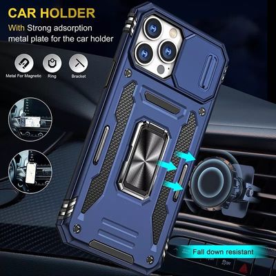 Kickstand Slide Camera Antishock Phone Back Cover With Ring Holder Lens Cover For Iphone 13 14 Pro Max