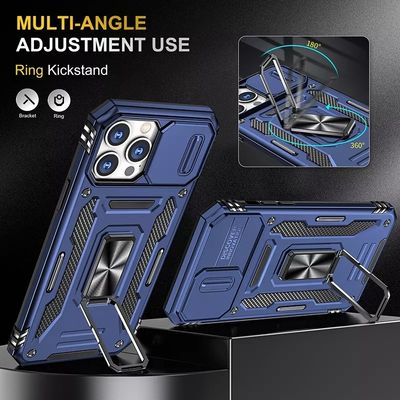 Kickstand Slide Camera Antishock Phone Back Cover With Ring Holder Lens Cover For Iphone 13 14 Pro Max