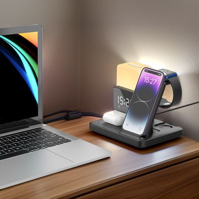 LED Alarm Clock 6 In 1 Table Lamps with Fast Wireless Charger and Mobile Phone Holders