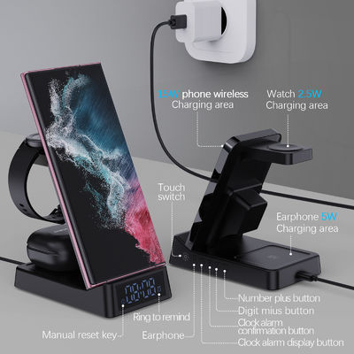 Multifunctional Desktop Portable Wireless Charger Stand With Alarm Clock And Night Light 6 In 1