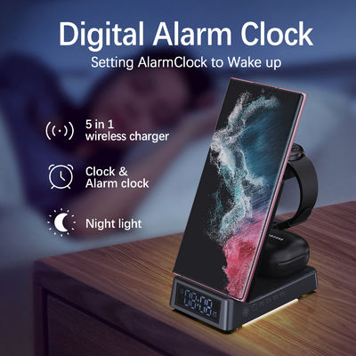 Multifunctional Desktop Portable Wireless Charger Stand With Alarm Clock And Night Light 6 In 1