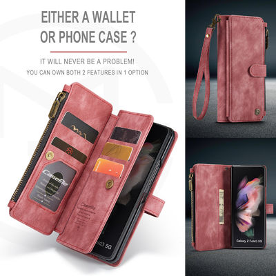 Vintage Card Wallet Phone Case For IPhone 14 Pro Max And Samsung Z Fold 5 In Red Leather