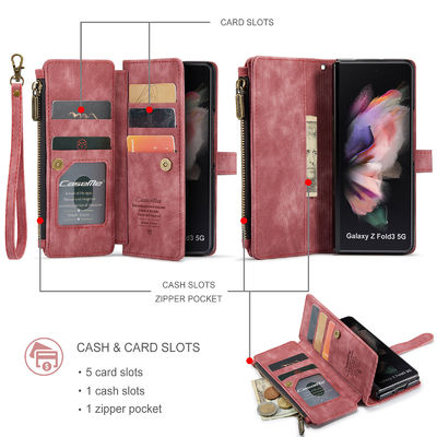 Vintage Card Wallet Phone Case For IPhone 14 Pro Max And Samsung Z Fold 5 In Red Leather