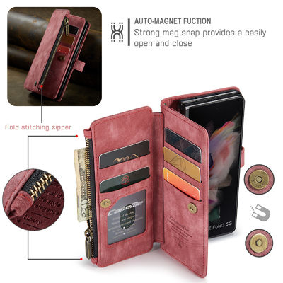 Vintage Card Wallet Phone Case For IPhone 14 Pro Max And Samsung Z Fold 5 In Red Leather