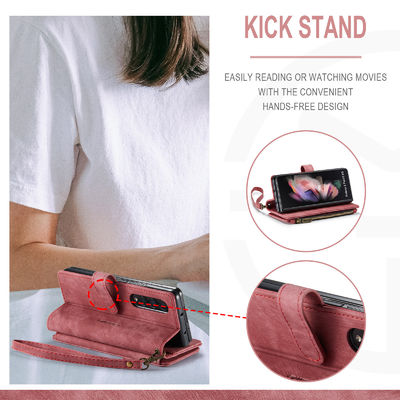 Vintage Card Wallet Phone Case For IPhone 14 Pro Max And Samsung Z Fold 5 In Red Leather