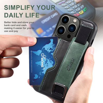 14 Pro Max Mobile Phone Case with Wrist Strap Stand and Card Slot in Green PU Leather