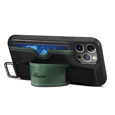 14 Pro Max Mobile Phone Case with Wrist Strap Stand and Card Slot in Green PU Leather