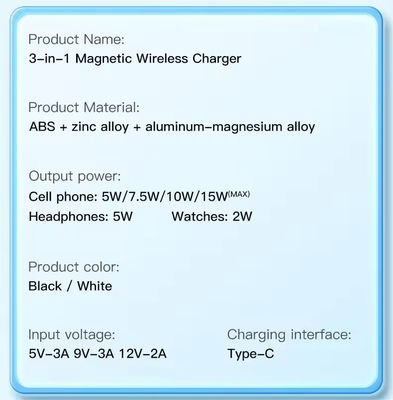 12V/2A Input Portable Magnetic 3 In 1 Wireless Charger Foldable Fast Charging Station with QC3.0 Function