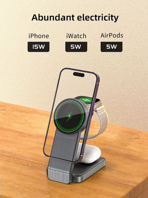 Aluminum Alloy 3 in 1 Wireless Charger Stand Station 15W Charging Dock for iPhone with Input Voltage and Current of 9V/2A 5V/2A