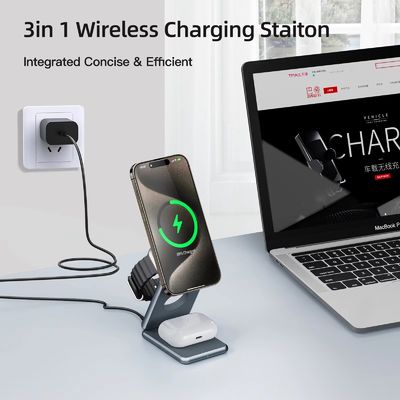 Smart Watch and Phone Multifunctional 3 in 1 Foldable Wireless Magnetic Portable Charger with 12V/1.5A Output