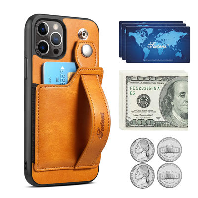 14 Pro Max PU Leather Cover Cell Phone Case with Card Holster and Wrist Strap
